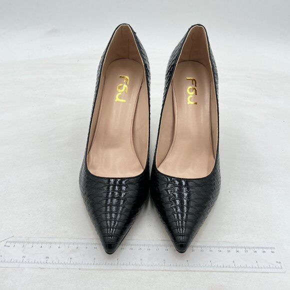 FSJ Black Snake Print Pointed Toe Block High Heel Crystal Slip on Wedding Pumps - Picture 3 of 8